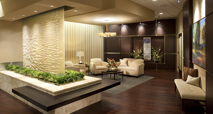 Elegant large fountain in business foyer. 